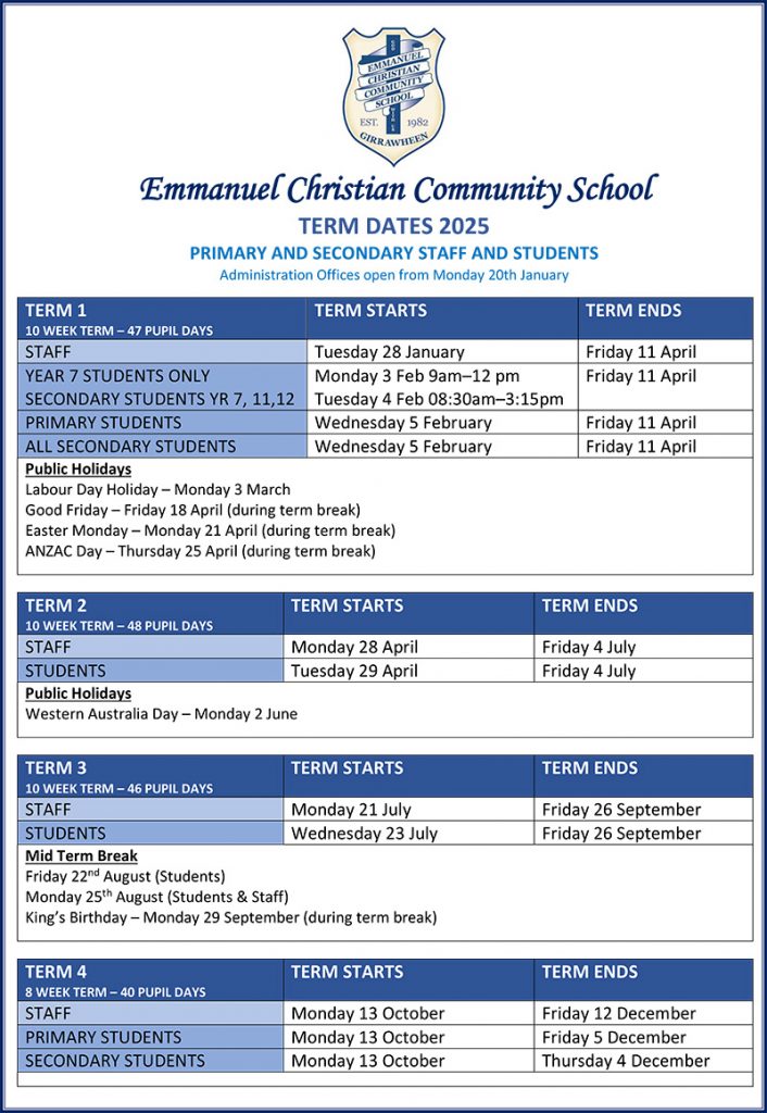 2025 Term Dates Emmanuel Christian Community School