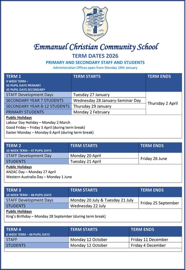 2026 Term Dates - Emmanuel Christian Community School